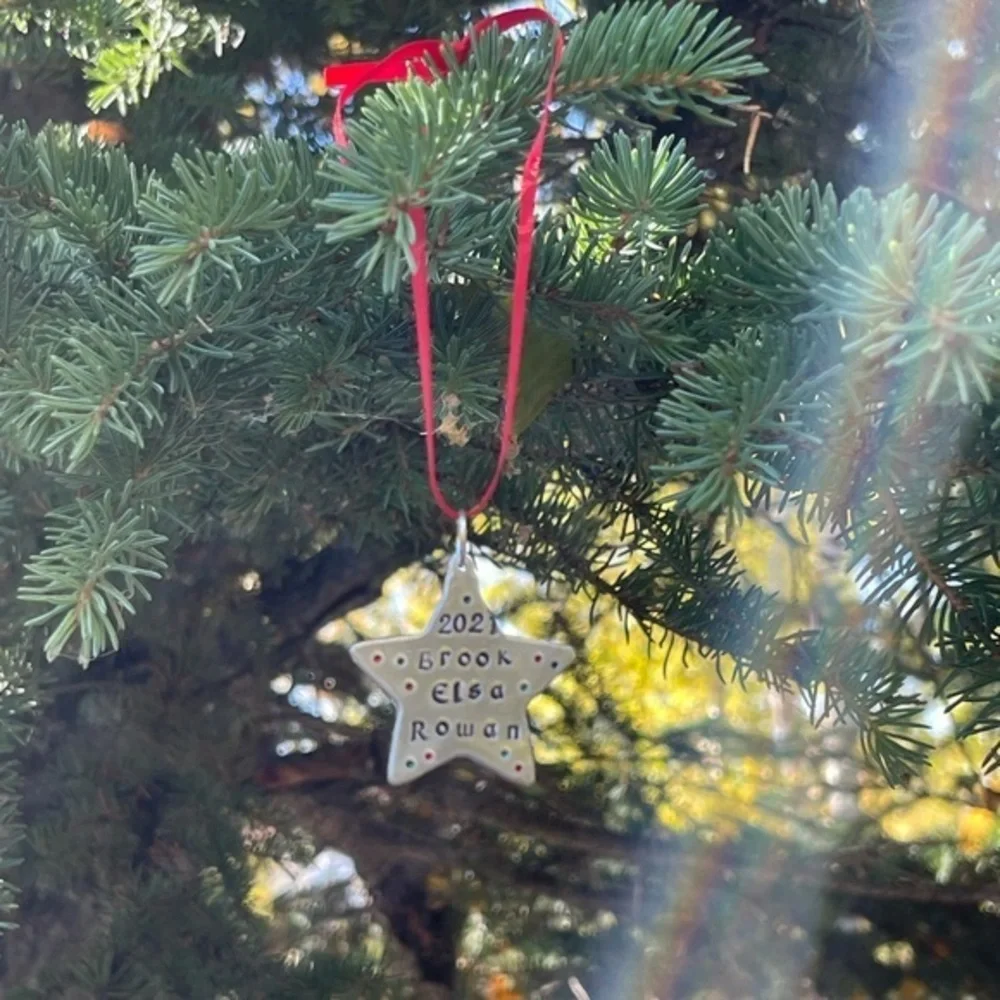 Handmade personalized Star holiday Christmas red ribbon silver aluminum ornament